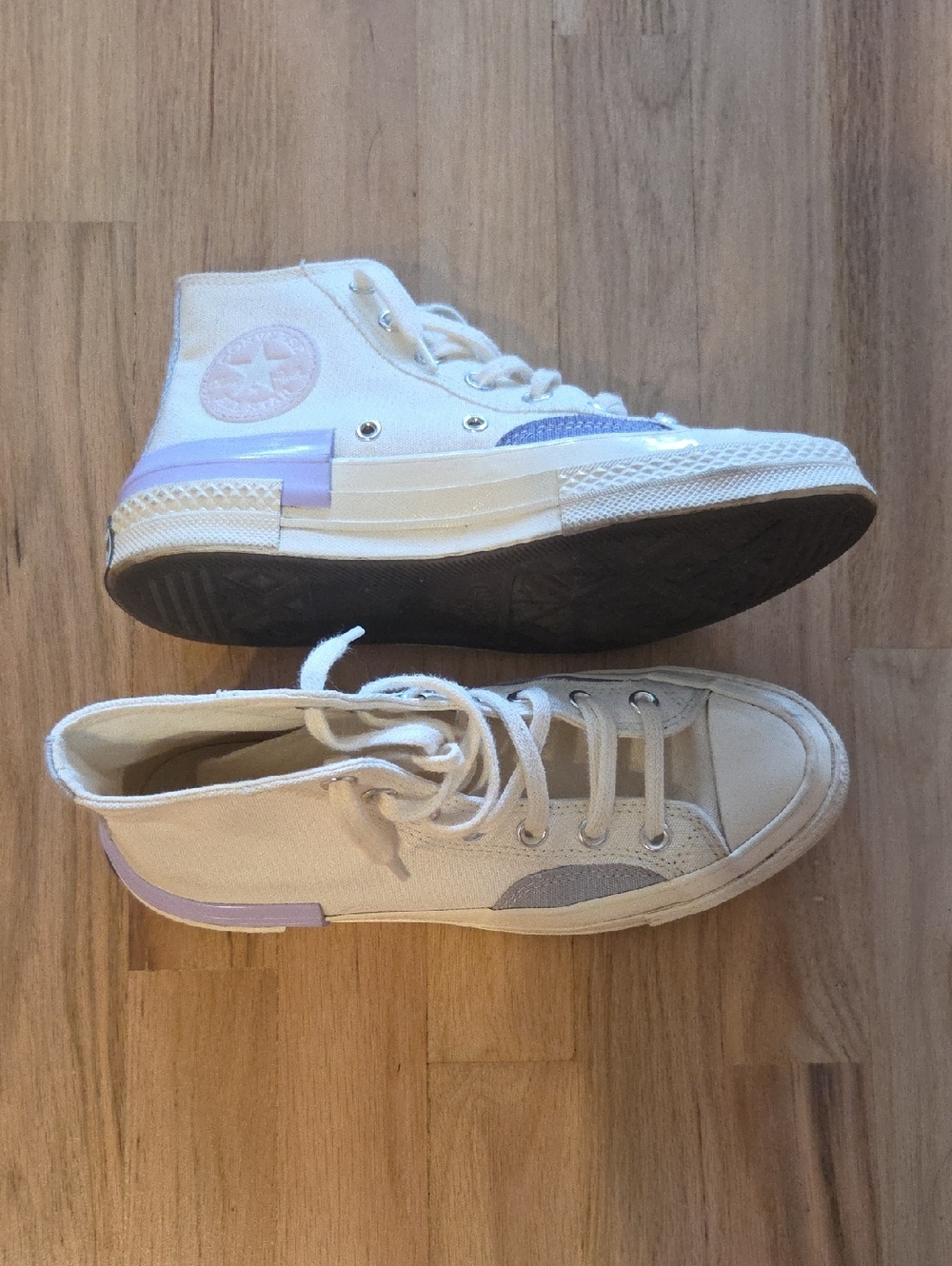 Canvas High-Top Sneakers in Cream with Lavender Accents